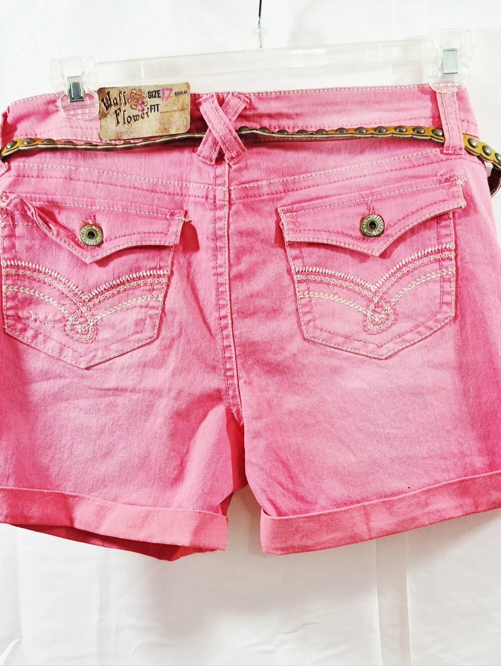 Wallflower Pink Siesta Distressed Low Rise Denim Shorts with Studded Tan Belt
